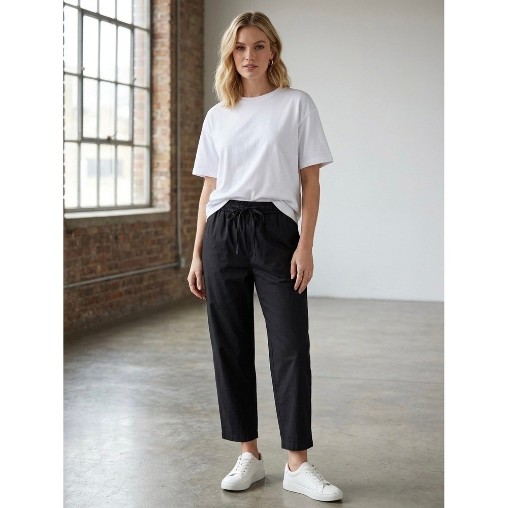 Zara Black Cotton Poplin Drawstring Elastic Waist Straight Leg Pants Small